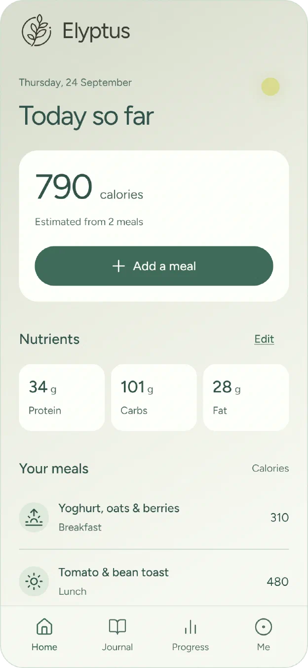Elyptus’s Today screen: 790 calories so far from two meals, with 34 g protein, 101 g carbs and 28 g fat, and the day’s meals listed below.